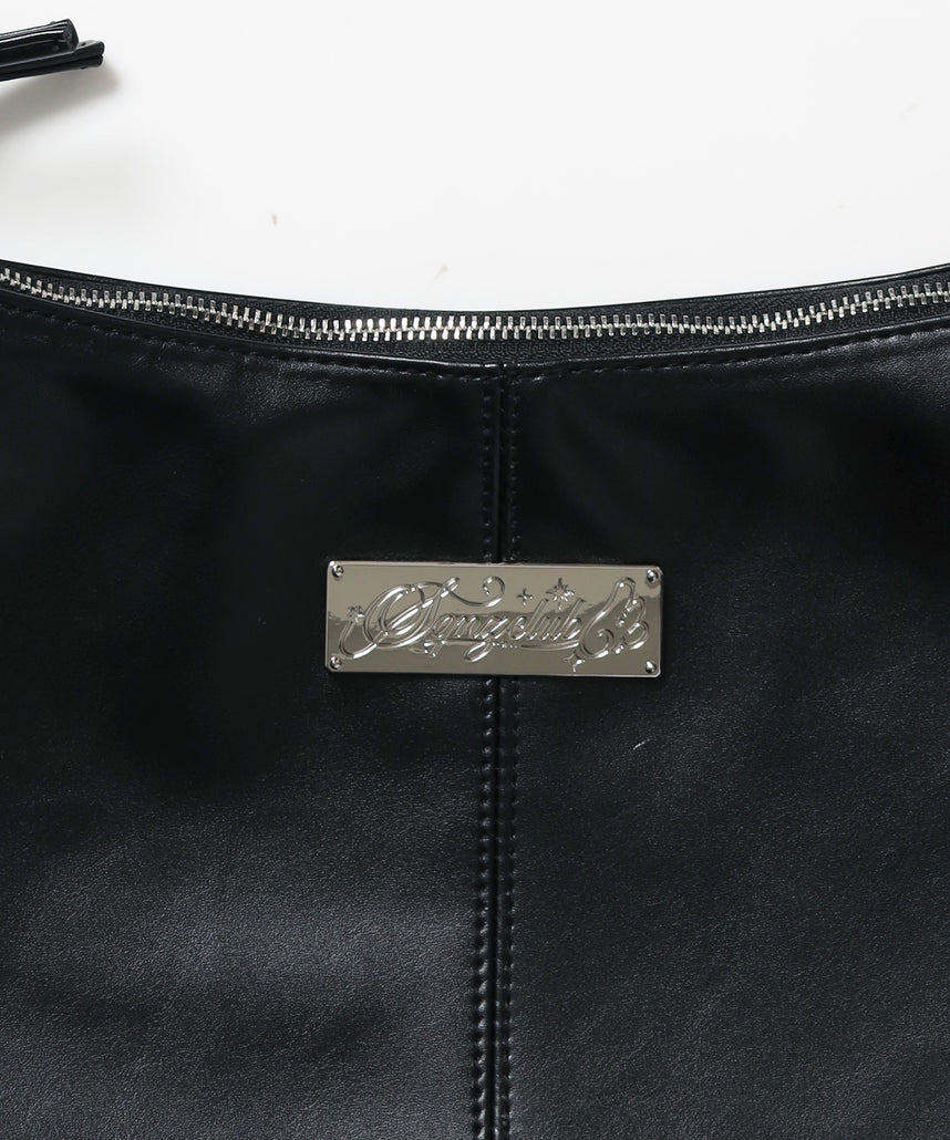 ※WEB限定 / フェイクレザー フェイクスエード メタルプレート 雑貨 バック / シャーリングショルダーバック / sqnz shirring bag ブラック