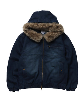 FUR DENIM HOODIE JKT / デニム ジャケット ファー 中綿 ダブルジップ フーディ ブルー