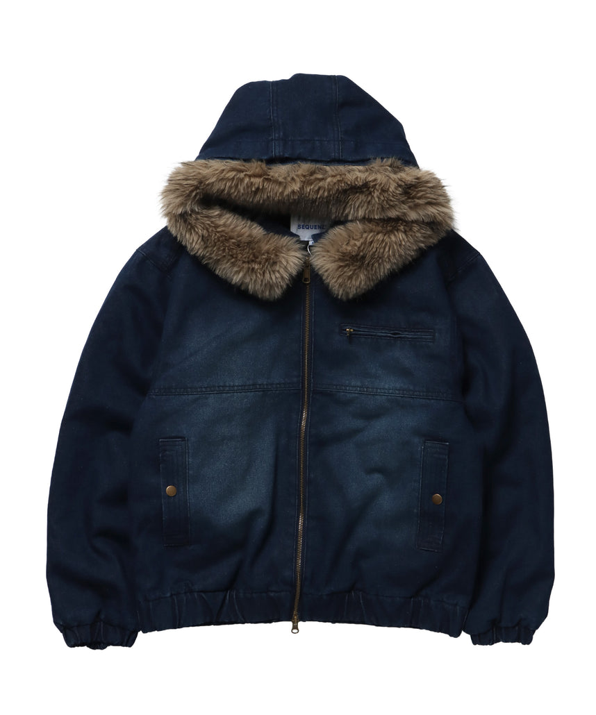 FUR DENIM HOODIE JKT / デニム ジャケット ファー 中綿 ダブルジップ フーディ ブルー