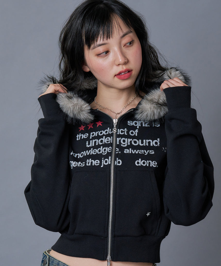WEB限定 / レディース短丈ジップパーカー / sqnz fur zip pk ブラック