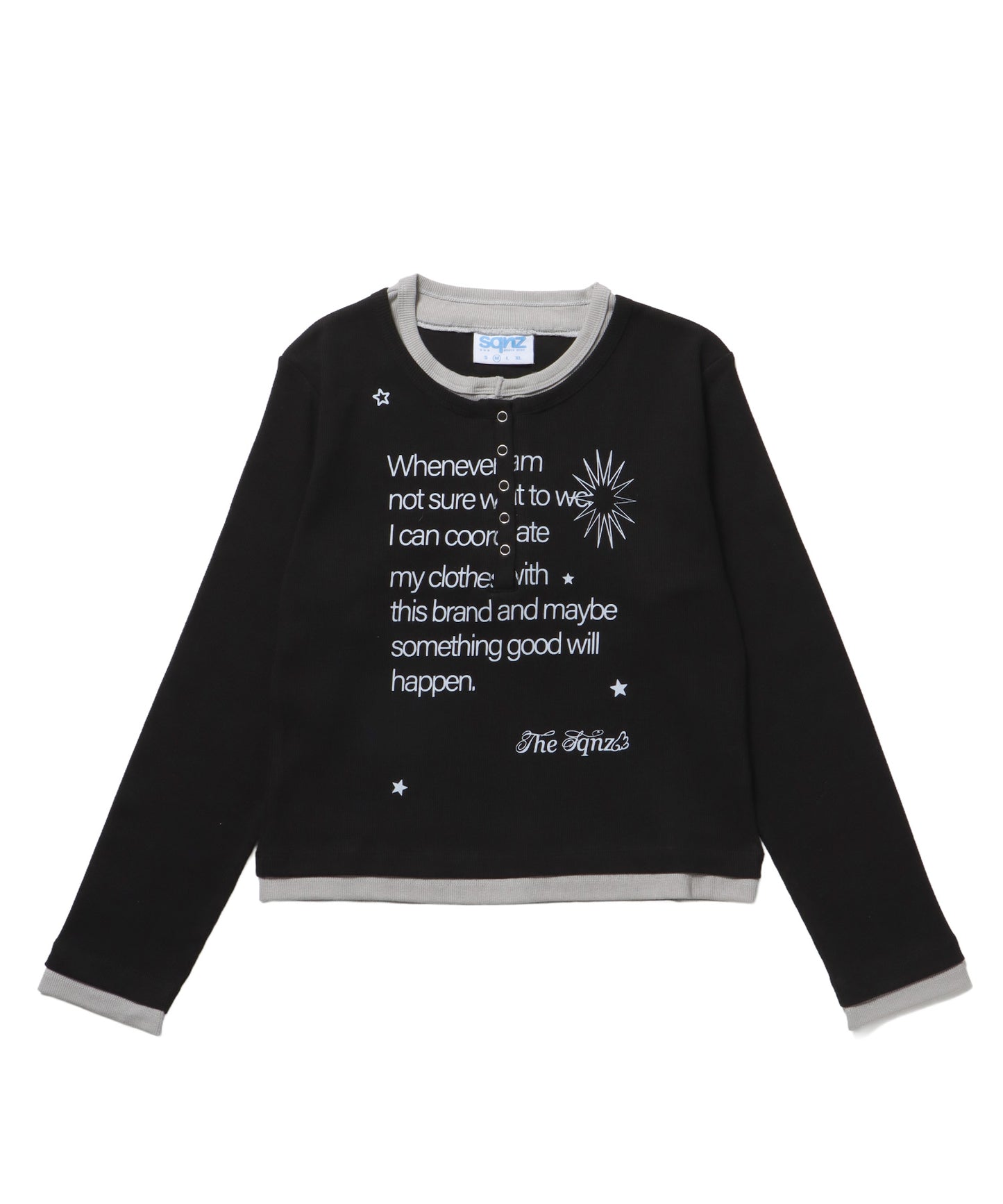 sqnz fake layered henley star l/s tee / 長袖 プリント ヘンリー フェイクレイヤード ツートーン ブラック
