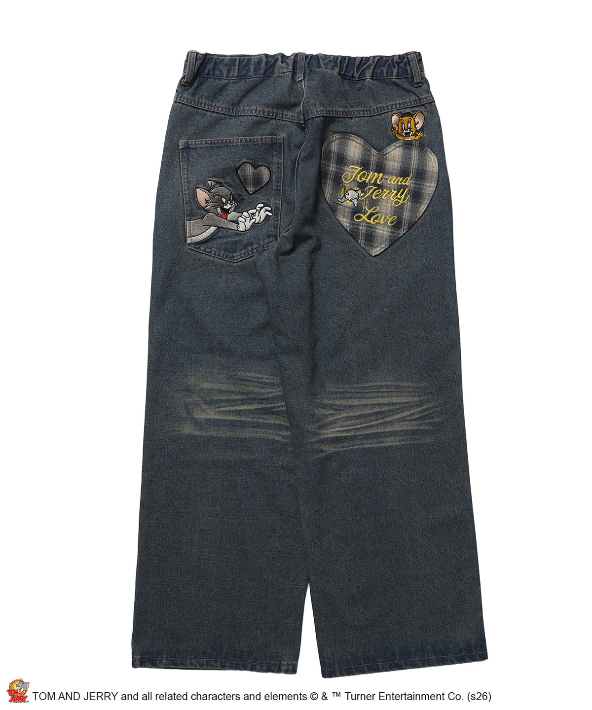 TJ PLAID DENIM PANTS / トムとジェリー チェック デニム パンツ 刺繍 加工 ネイビー