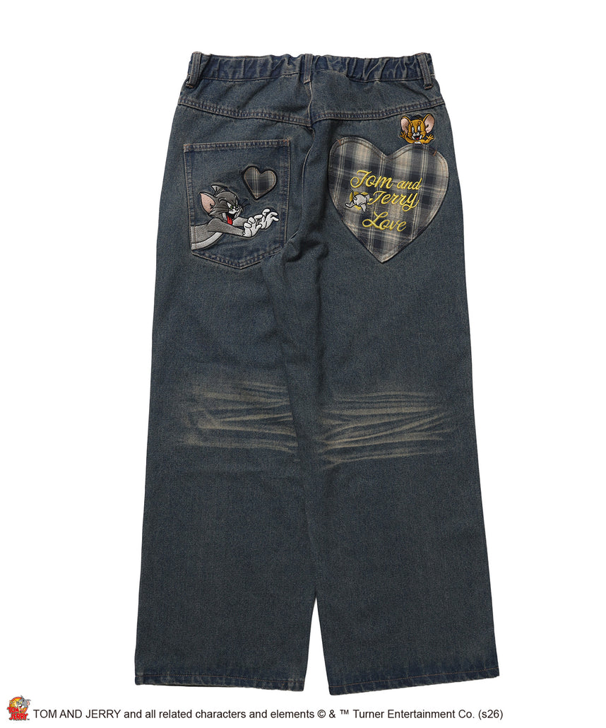TJ PLAID DENIM PANTS / トムとジェリー チェック デニム パンツ 刺繍 加工 ネイビー