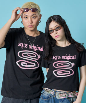 sqnz guru-guru patchwork tee / ユニセックス 半袖 Tシャツ クルーネック プリント ワッペン チェック ブラック
