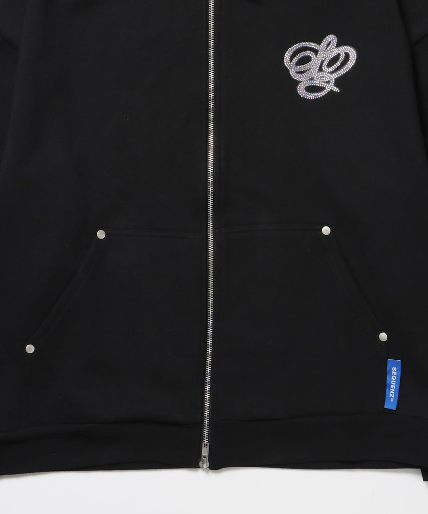 CROSS RHINE STONE ZIP P/K / パーカー ジップパーカー ラインストーン クロスデザイン 裏起毛 ダブルジップ 短丈 【セットアップ】 ブラック