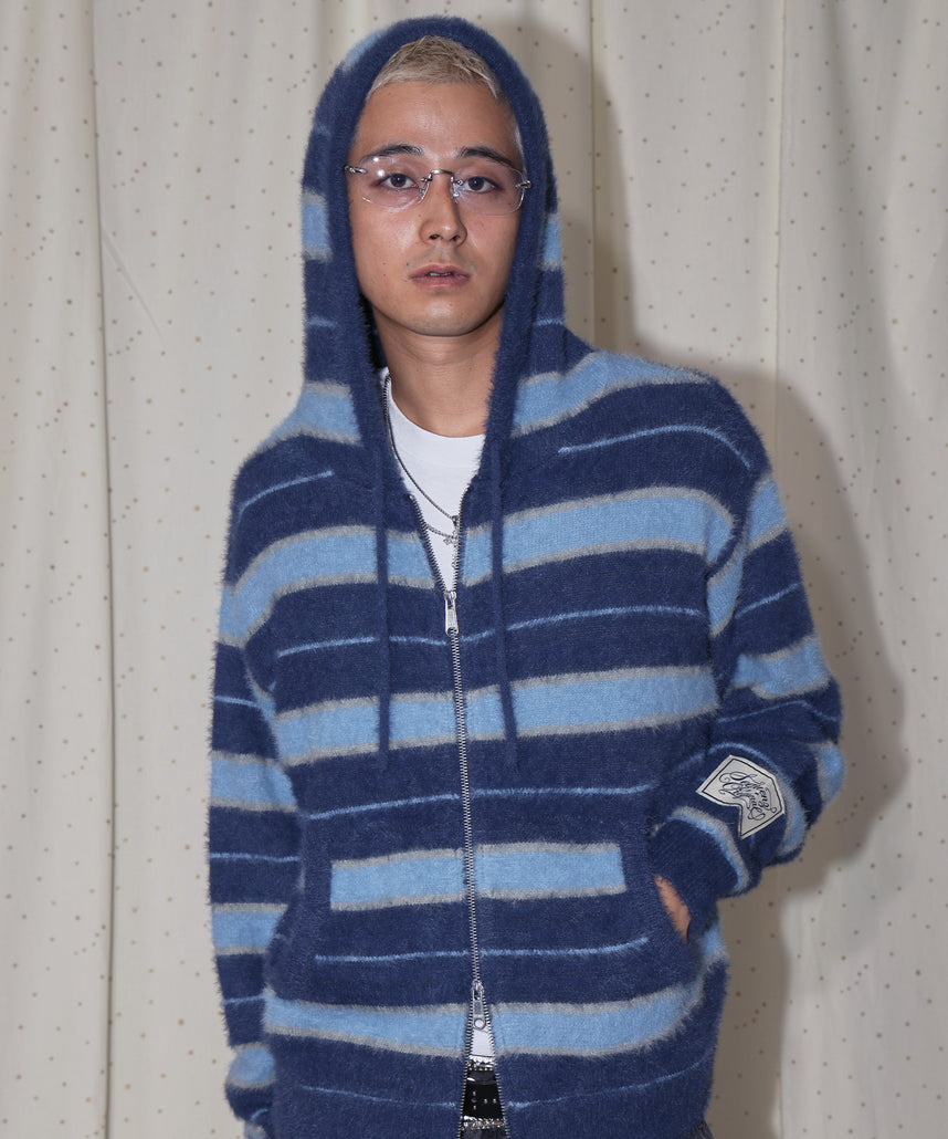 SEQUENZ(シークエンズ)】SHAGGY BORDER HOODIE ZIP / ボーダー ニット