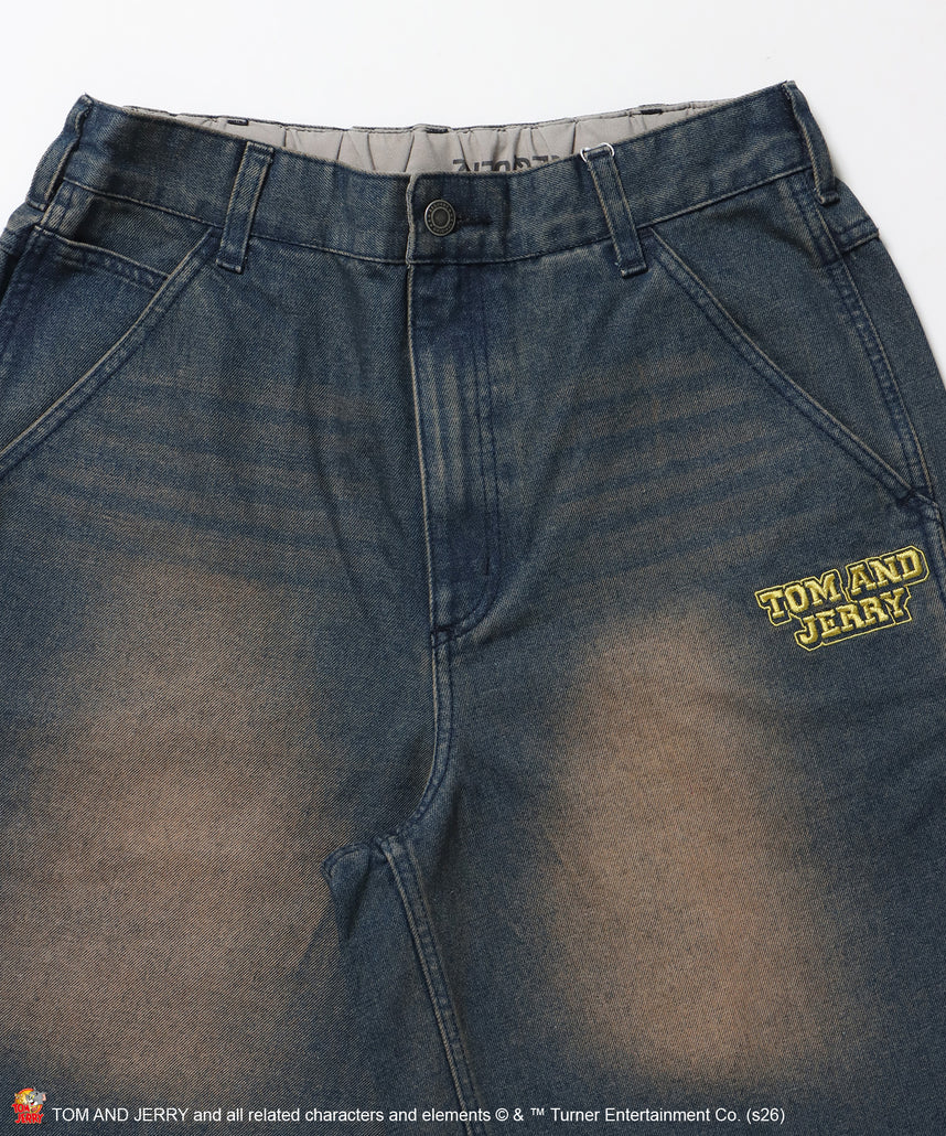TJ STREET SHORTS DENIM / トムとジェリー ハーフパンツ ショーツ ジョーツデニム ワイド パンツ ボトムス 刺繍 加工 リジッド ワッペン ブルー