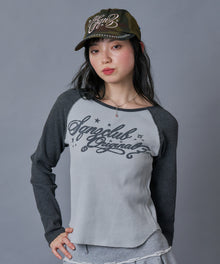 sqnz angel thermal / ロンT クルーネック ラグラン サーマル ワッフル 長袖 プリント ブラック