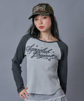 sqnz angel thermal / ロンT クルーネック ラグラン サーマル ワッフル 長袖 プリント ブラック