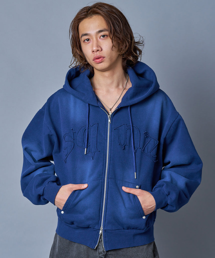 WEB限定 / 共地ワッペン裏起毛ジップパーカー / sqnz washed wappen