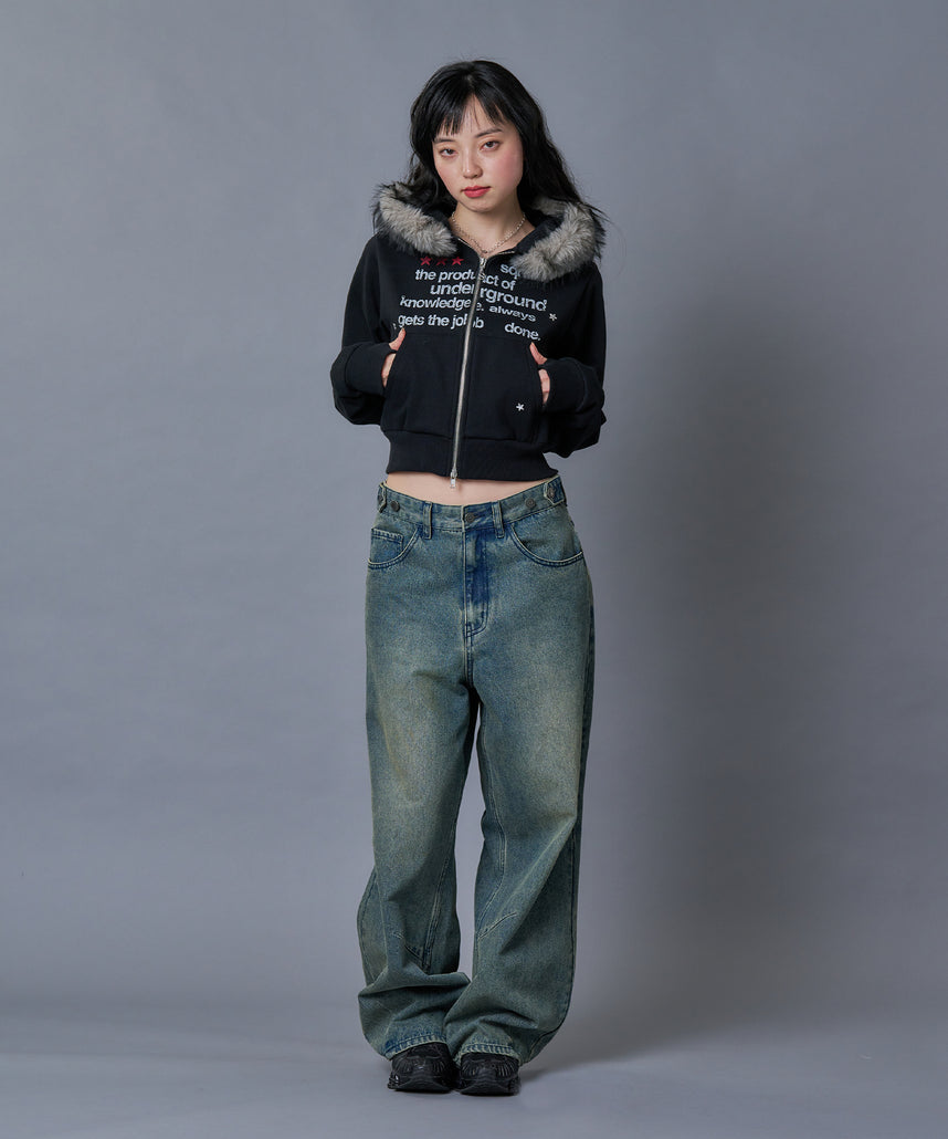 WEB限定 / レディース短丈ジップパーカー / sqnz fur zip pk ブラック