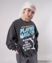 【SEQUENZ】 PLAYBOY VINTAGE MAGCOVER CN / プレイボーイ ロック バニー バイオウォッシュ ヴィンテージ クルーネック スウェット ブラック