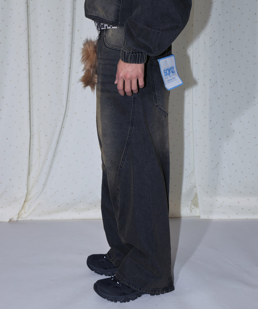 sqnz twist drape denim pants / ツイストドレープデニム　カーブデニム ワイドパンツ ヴィンテージライク オーバーダイ≪SET UP着用可能≫
