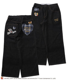 TJ PLAID DENIM PANTS / トムとジェリー チェック デニム パンツ 刺繍 加工 ブラック系その他