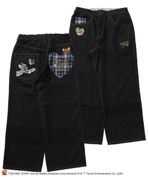 TJ PLAID DENIM PANTS / トムとジェリー チェック デニム パンツ 刺繍 加工 ブラック系その他