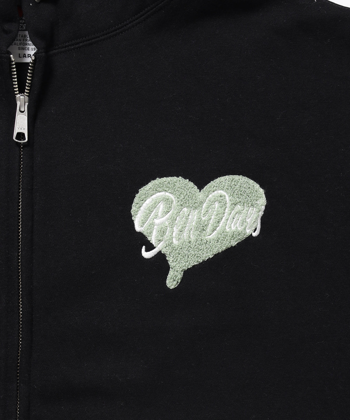 HEART CHENILLE ZIP HOODIE / ジップパーカー フード ハート チェニール 刺繍 裏起毛 ユニセックス ブラック