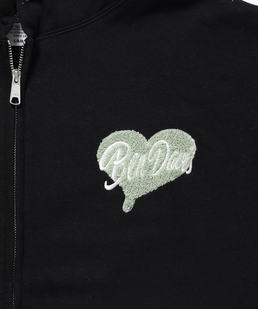 HEART CHENILLE ZIP HOODIE / ジップパーカー フード ハート チェニール 刺繍 裏起毛 ユニセックス ブラック
