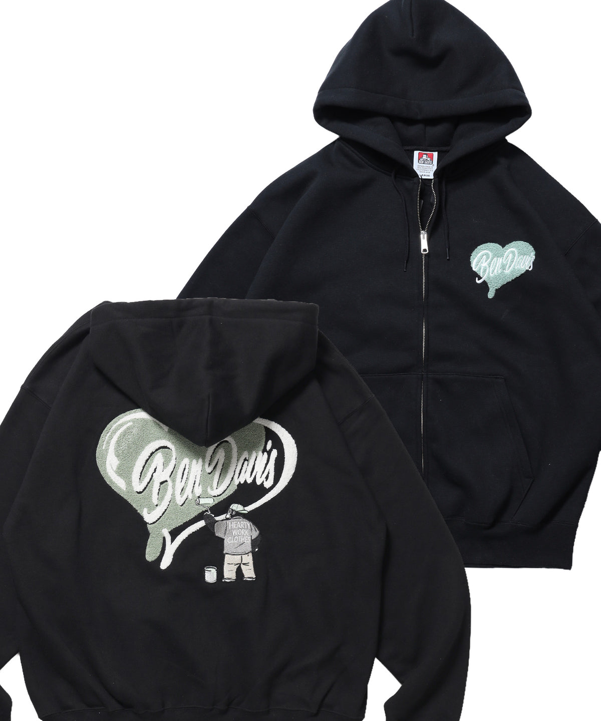 HEART CHENILLE ZIP HOODIE / ジップパーカー フード ハート チェニール 刺繍 裏起毛 ユニセックス ブラック