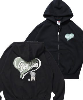 HEART CHENILLE ZIP HOODIE / ジップパーカー フード ハート チェニール 刺繍 裏起毛 ユニセックス ブラック