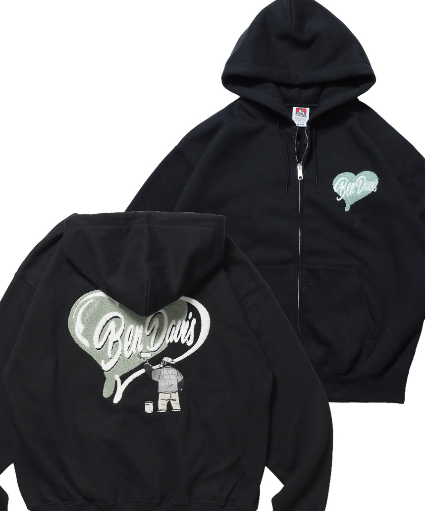 HEART CHENILLE ZIP HOODIE / ジップパーカー フード ハート チェニール 刺繍 裏起毛 ユニセックス ブラック