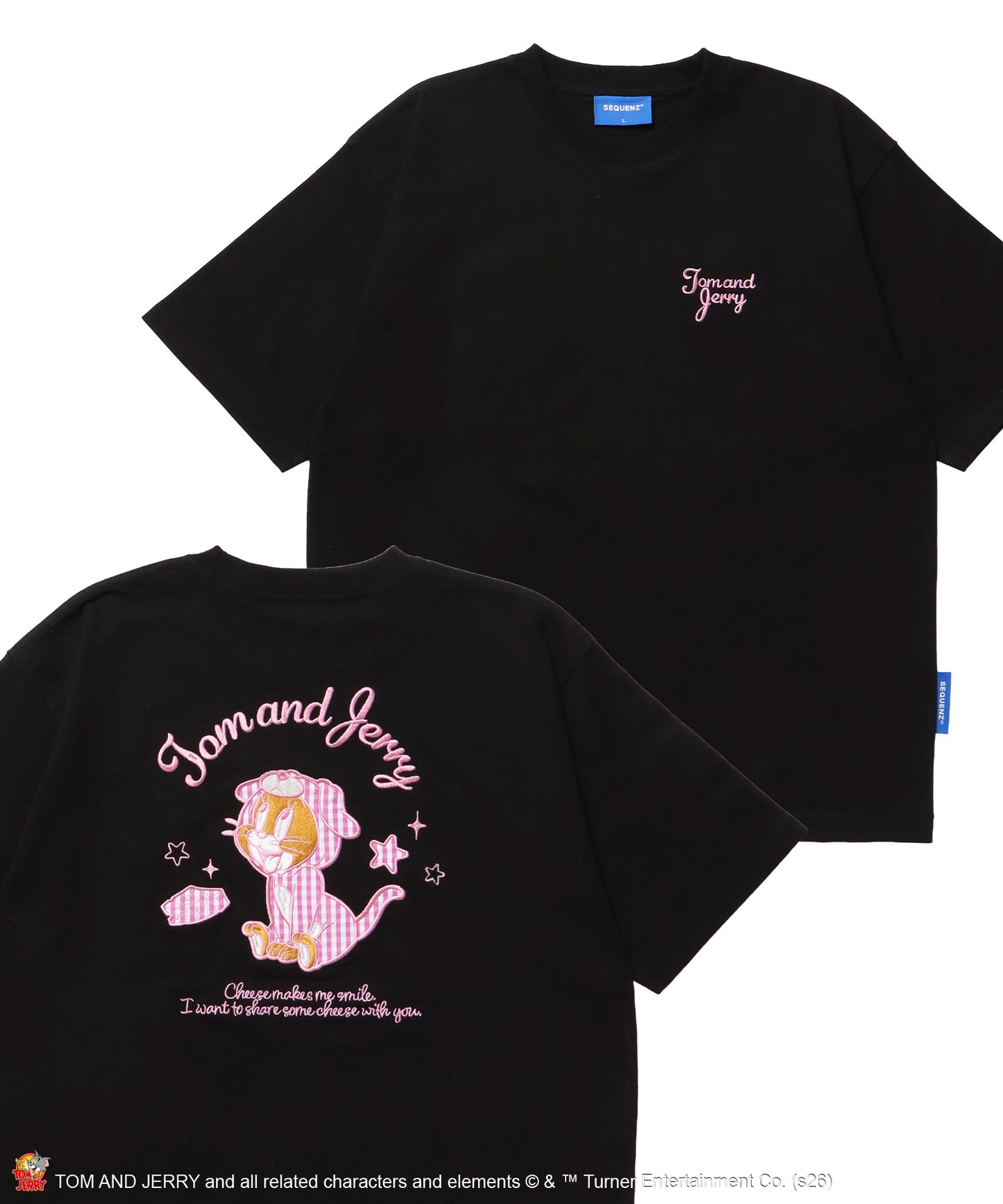 TJ GINGHAM DOG TEE / トムとジェリー 半袖 クルーネック 刺繍 ワンポイント ワッペン ユニセックス オーバーサイズ レイヤード ブラック