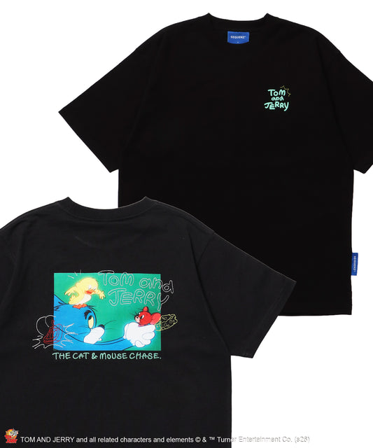 TJ PHOTO & EMB. TEE / トムとジェリー 半袖 クルーネック プリント 刺繍 ワンポイント ユニセックス オーバーサイズ レイヤード ブラック