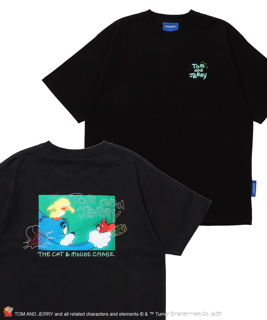 TJ PHOTO & EMB. TEE / トムとジェリー 半袖 クルーネック プリント 刺繍 ワンポイント ユニセックス オーバーサイズ レイヤード ブラック