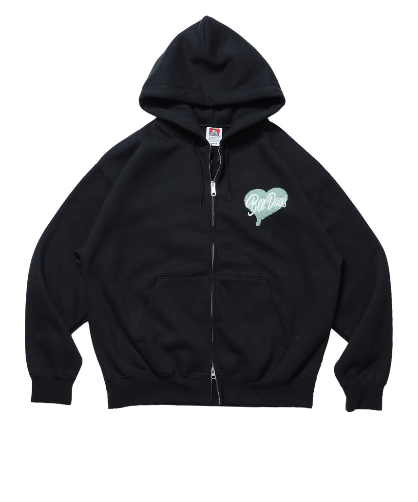 HEART CHENILLE ZIP HOODIE / ジップパーカー フード ハート チェニール 刺繍 裏起毛 ユニセックス ブラック
