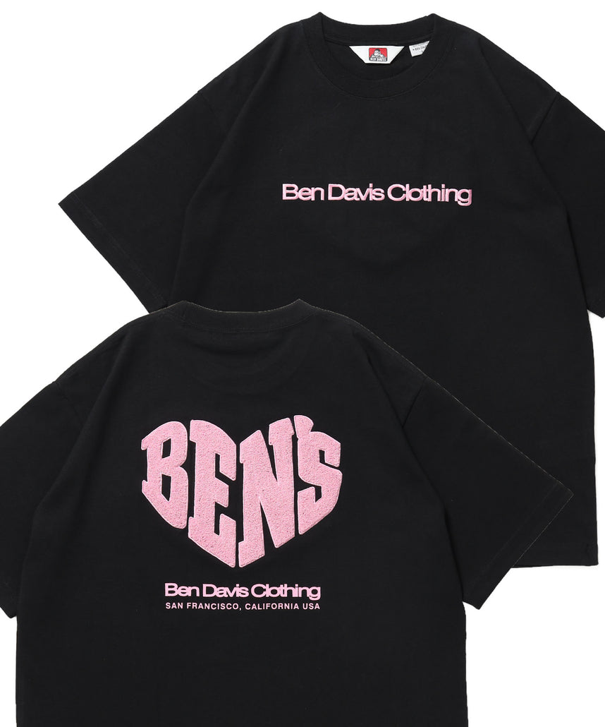 HEART CHENILLE 3 TEE / Tシャツ 半袖 クルーネック 刺繍 ワンポイント ユニセックス オーバーサイズ サガラ ブラック