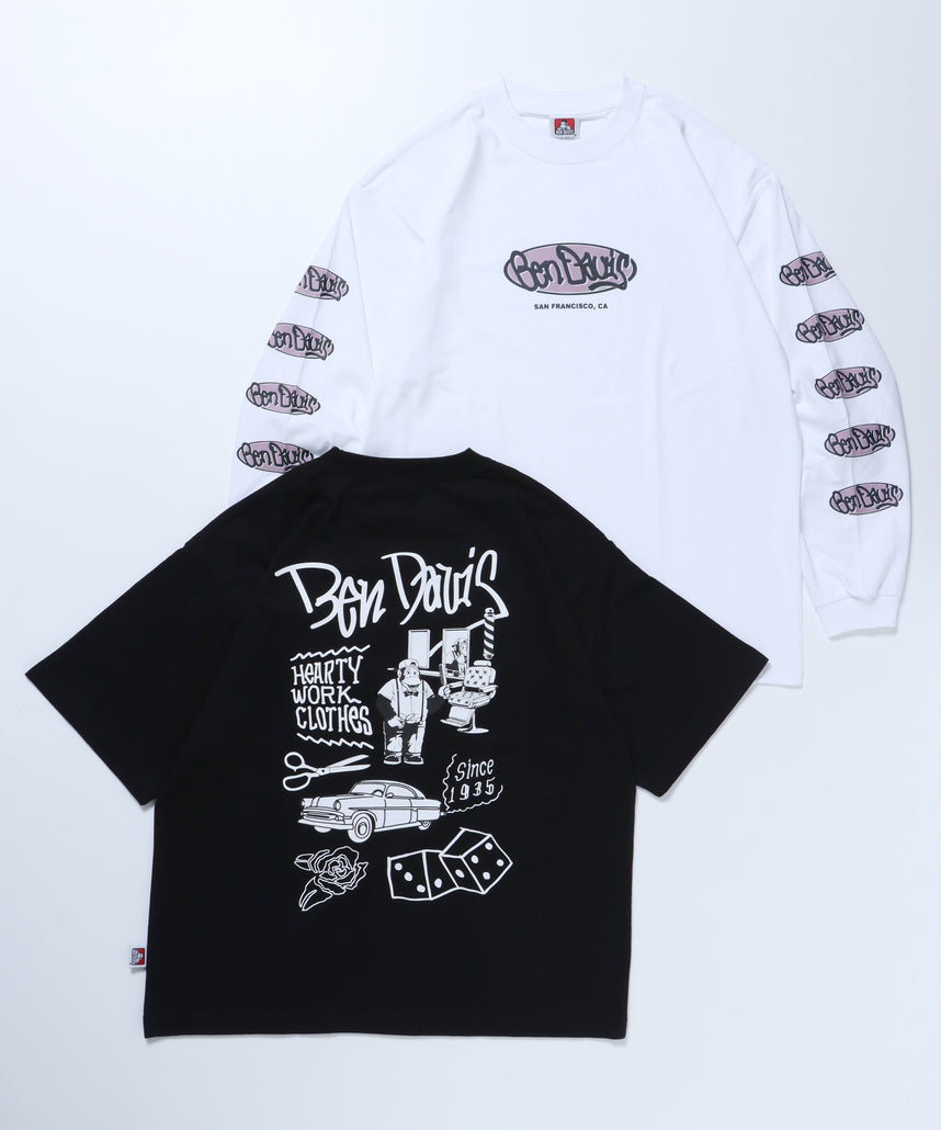 L/L&S/S 2TEES LAYERED(CUT HOUSE) / 半袖Tシャツ ロンT 2枚セット ビリヤード プリント レイヤード 長袖Tシャツ  クルーネック ダイス ピンボール　ブラック