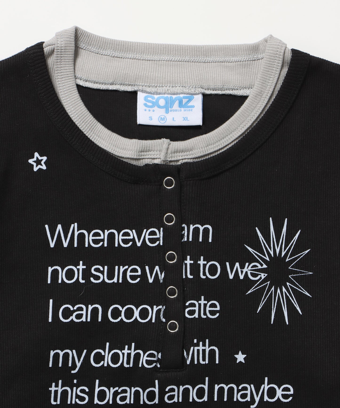 sqnz fake layered henley star l/s tee / 長袖 プリント ヘンリー フェイクレイヤード ツートーン ブラック