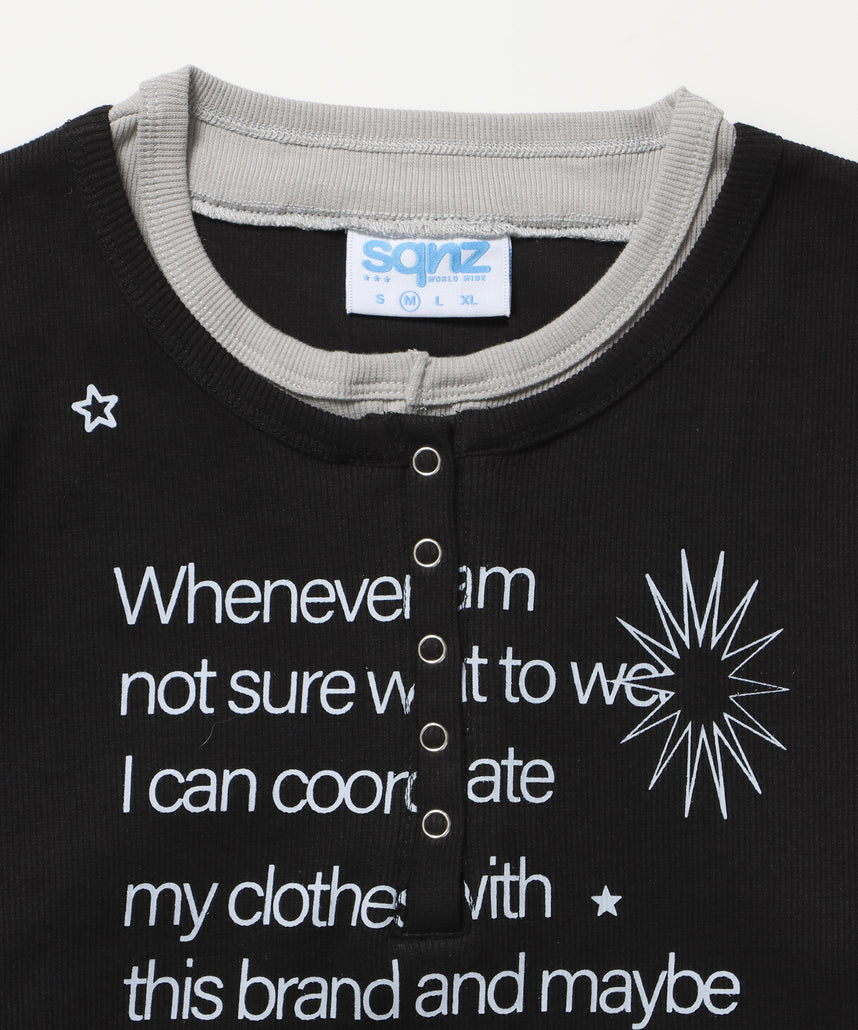 sqnz fake layered henley star l/s tee / 長袖 プリント ヘンリー フェイクレイヤード ツートーン ブラック