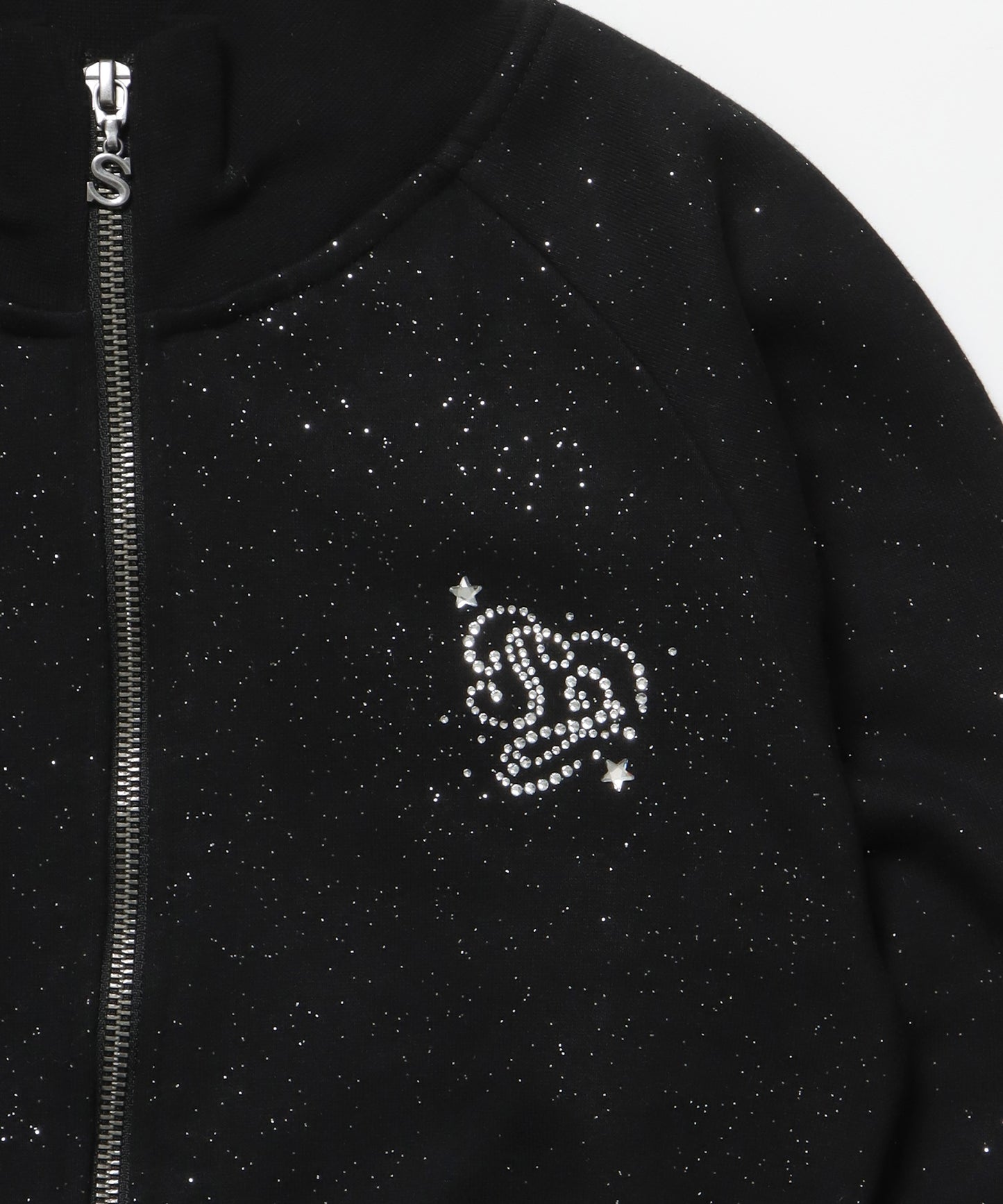 sqnz glitter zip top / グリッター ダブルジップ ジップスウェット 裏起毛 ラインストーン 【セットアップ着用可能】 ブラック