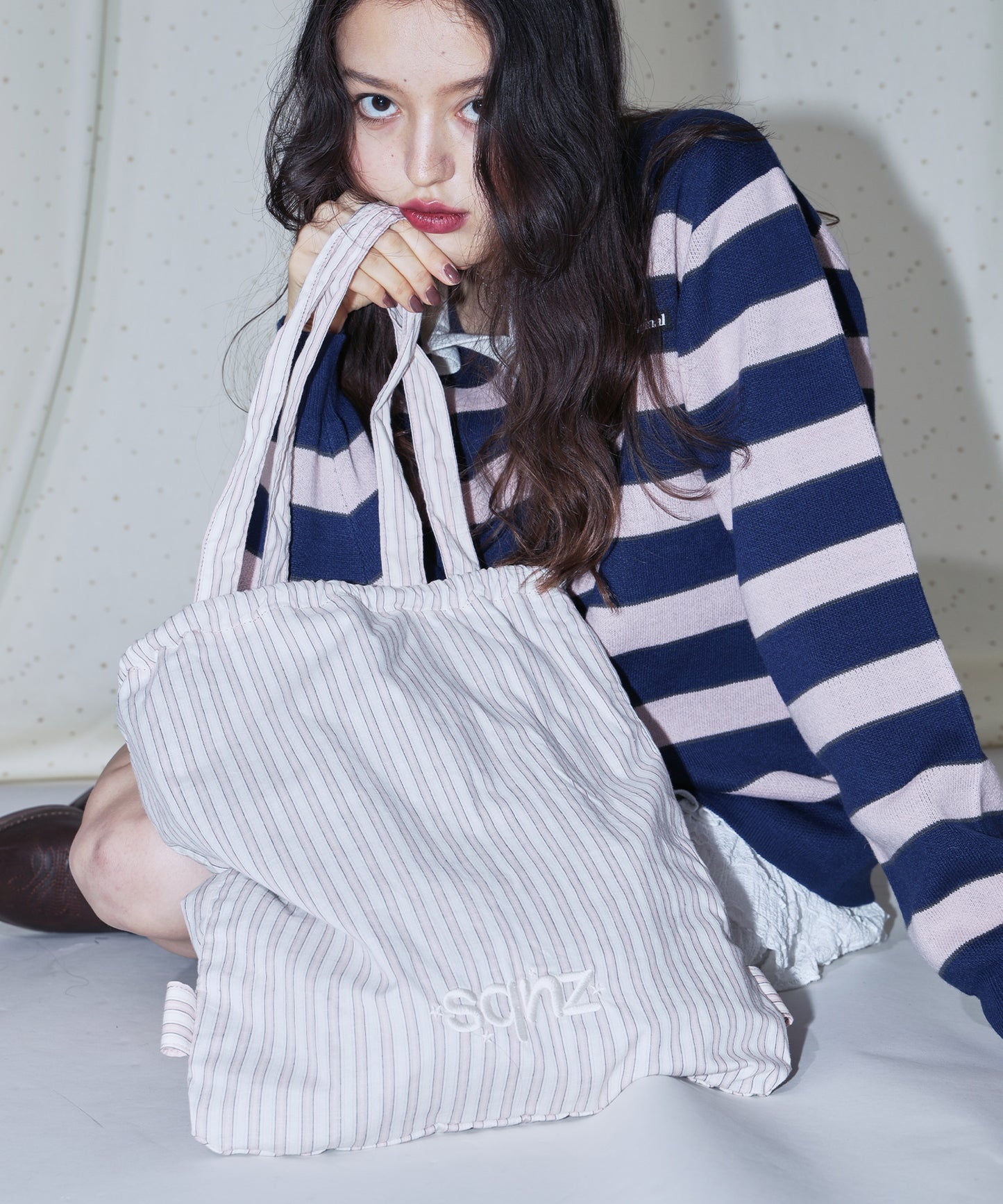 sqnz dairy 2way knapsack / ナップサック バック 2WAY ブランドロゴ チェック ストライプ ライトピンク