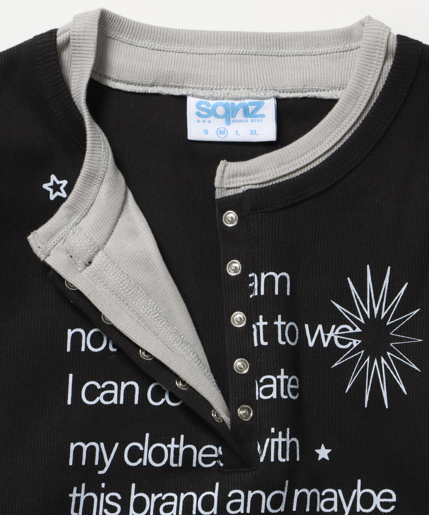 sqnz fake layered henley star l/s tee / 長袖 プリント ヘンリー フェイクレイヤード ツートーン ブラック