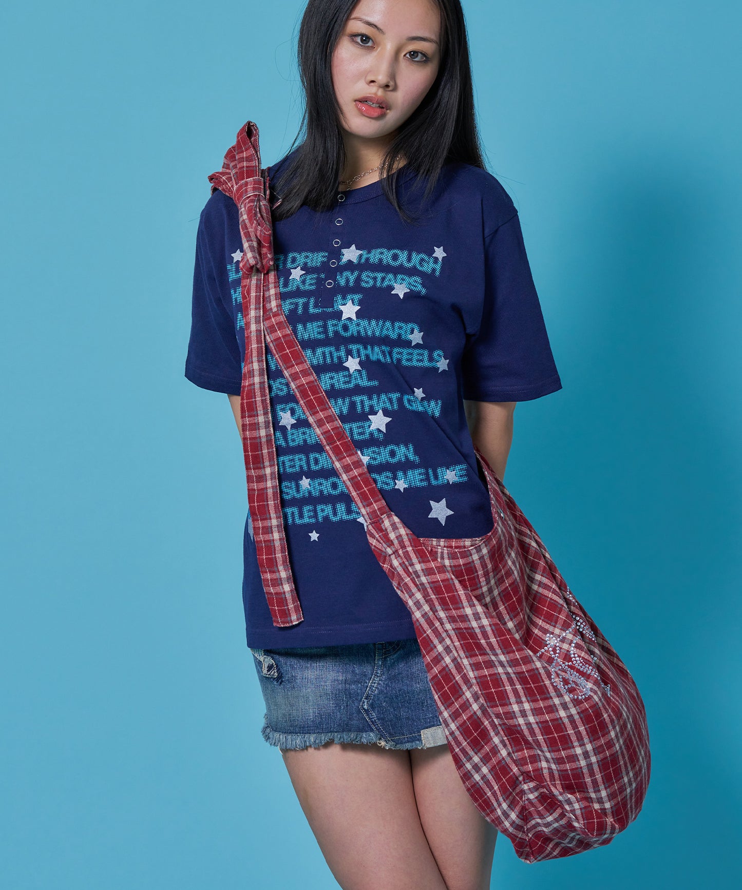 ≪予約商品≫sqnz favorite kira-kira totebag / ラインストーン バック チェック柄 2way ユニセックス レッド