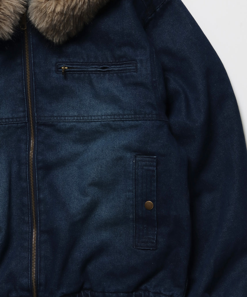 FUR DENIM HOODIE JKT / デニム ジャケット ファー 中綿 ダブルジップ フーディ ブルー