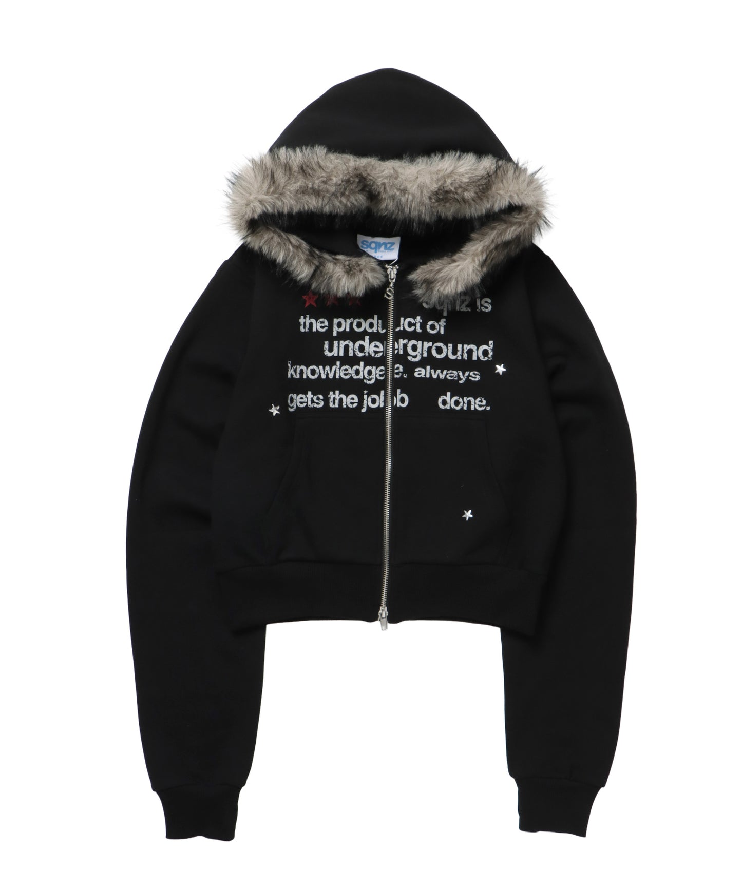 sqnz fur zip pk / レディース ファー ジップパーカー 加工 裏起毛 短丈 ダブルジップ ブラック