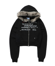 sqnz fur zip pk / レディース ファー ジップパーカー 加工 裏起毛 短丈 ダブルジップ ブラック