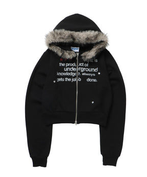 sqnz fur zip pk / レディース ファー ジップパーカー 加工 裏起毛 短丈 ダブルジップ ブラック