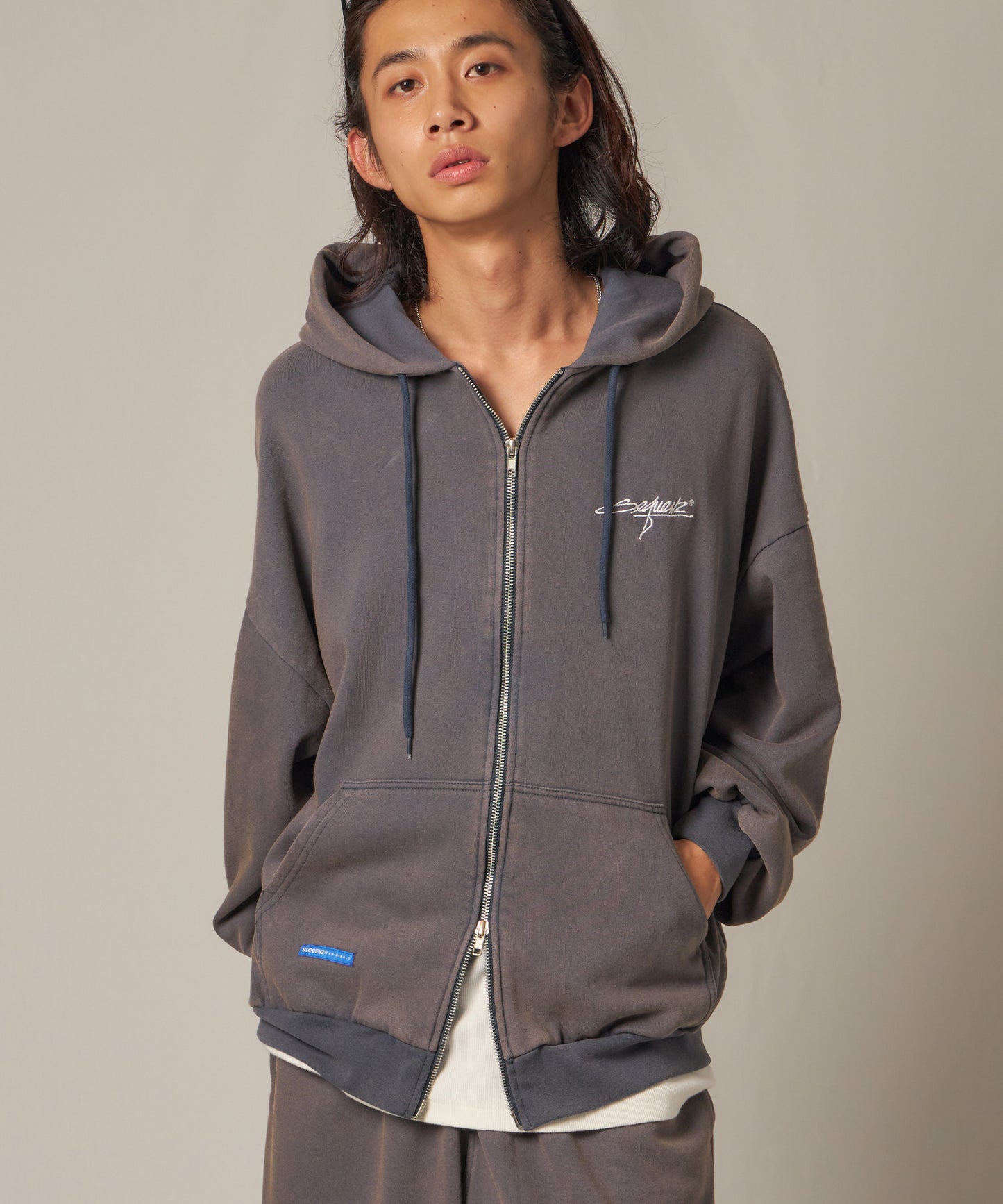 LOGO MOTIF WASHED ZIP P/K / ジップパーカー オーバーサイズ 裏起毛 ヴィンテージライク ネイビー