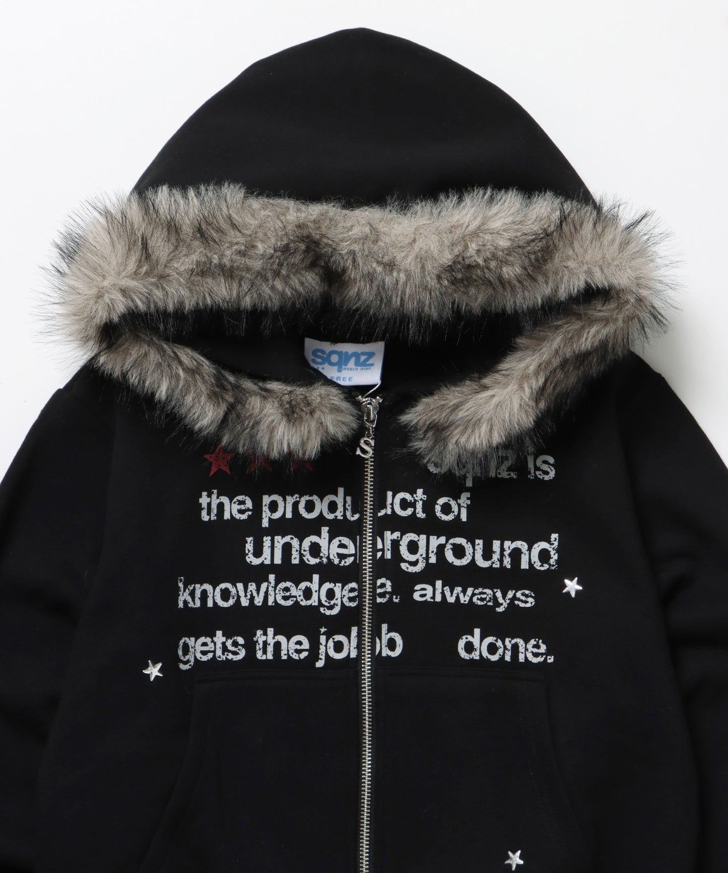 sqnz fur zip pk / レディース ファー ジップパーカー 加工 裏起毛 短丈 ダブルジップ ブラック