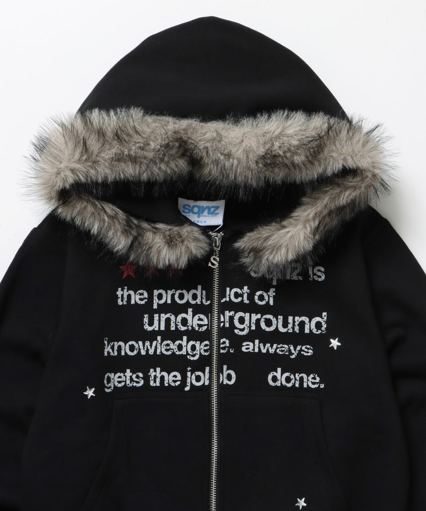 sqnz fur zip pk / レディース ファー ジップパーカー 加工 裏起毛 短丈 ダブルジップ ブラック