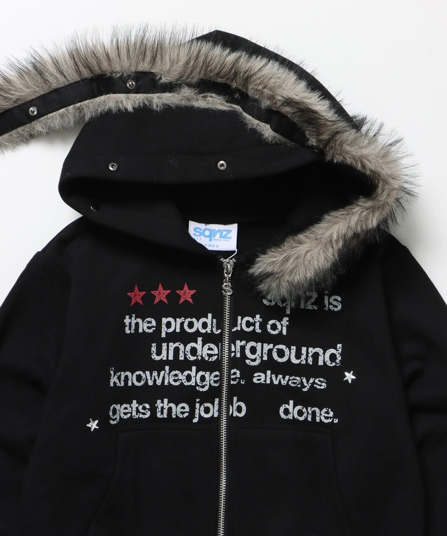 sqnz fur zip pk / レディース ファー ジップパーカー 加工 裏起毛 短丈 ダブルジップ ブラック