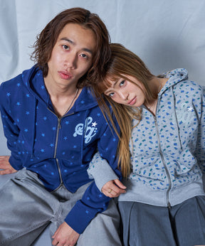 sqnz logo pt zip p/k / ジップパーカー フーディ 裏毛 ワンポイント ダブルジップ 花柄  星柄 柄82