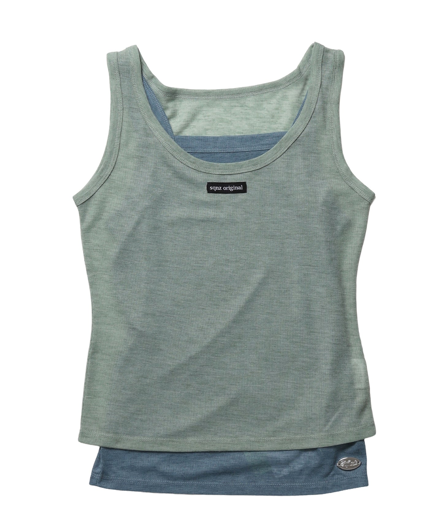 sqnz sheer layered tank / レディース シアー レイヤード ピスネーム メタルプレート タンクトップ クルーネック グリーン