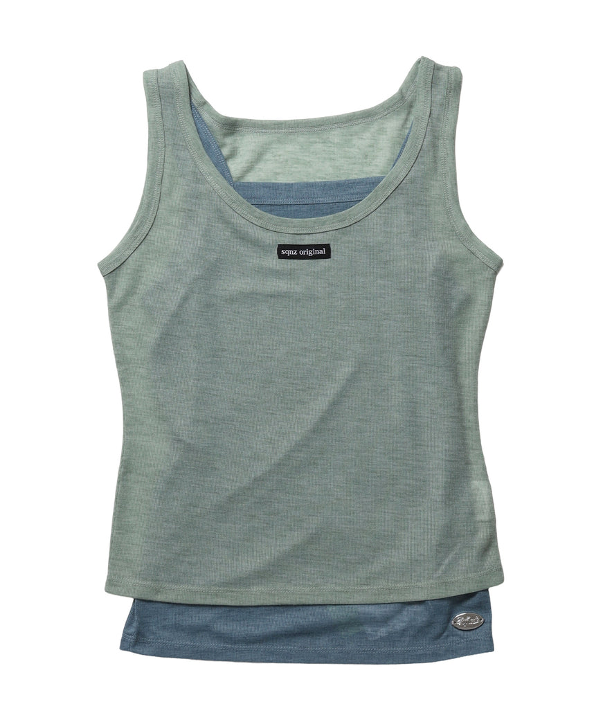 sqnz sheer layered tank / レディース シアー レイヤード ピスネーム メタルプレート タンクトップ クルーネック グリーン