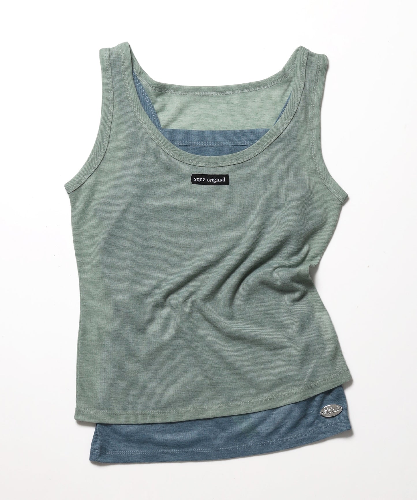 sqnz sheer layered tank / レディース シアー レイヤード ピスネーム メタルプレート タンクトップ クルーネック グリーン