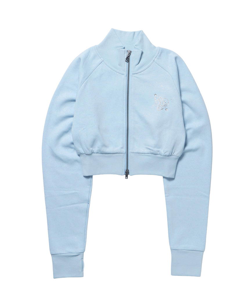 sqnz glitter zip top / グリッター ダブルジップ ジップスウェット 裏起毛 ラインストーン 【セットアップ着用可能】 スカイブルー