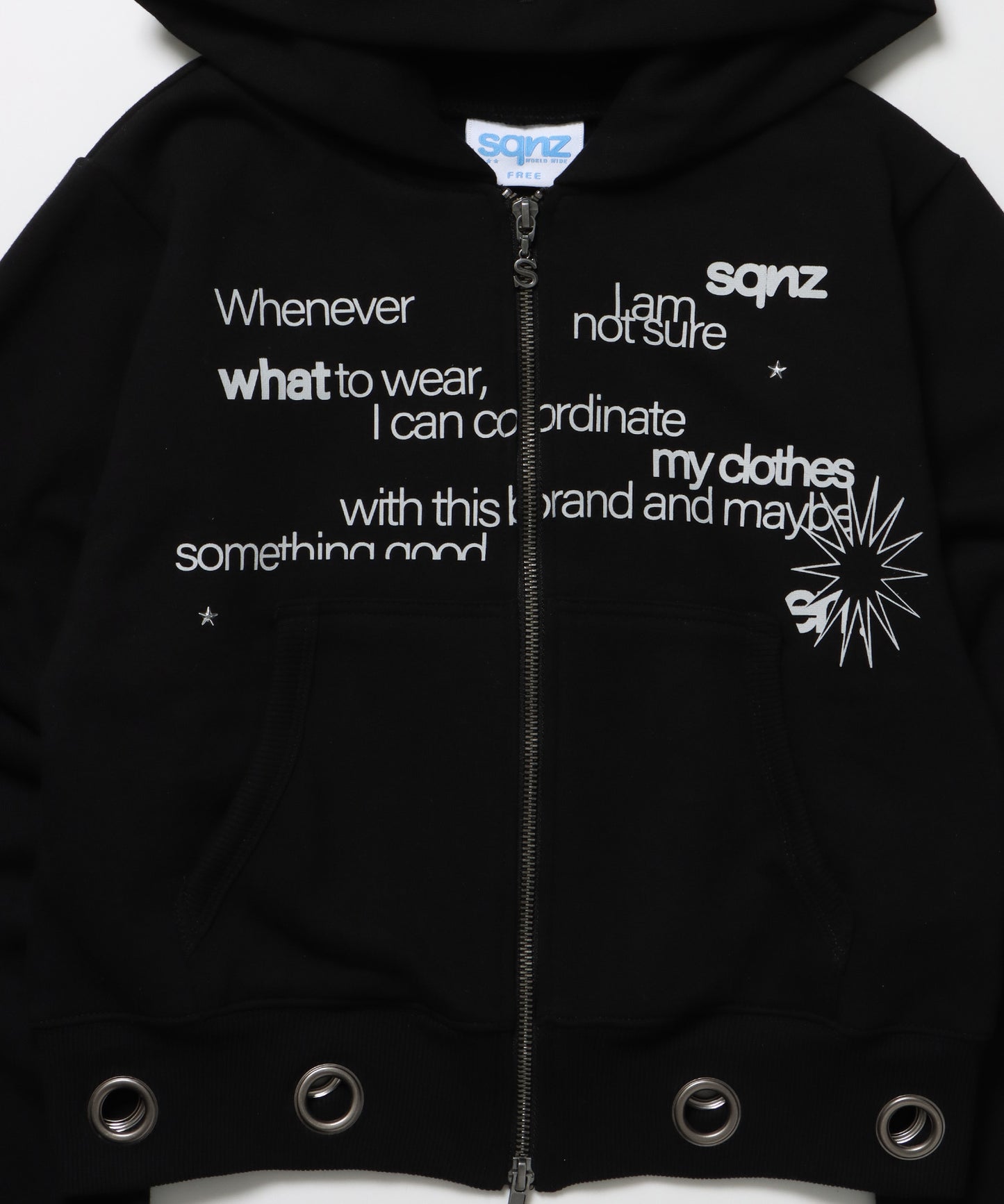 sqnz eyelet fit zip pk / レディース ジップパーカー フーディ ハトメ スタッズ ダフルジップ 裏起毛≪SET UP着用可能≫ ブラック